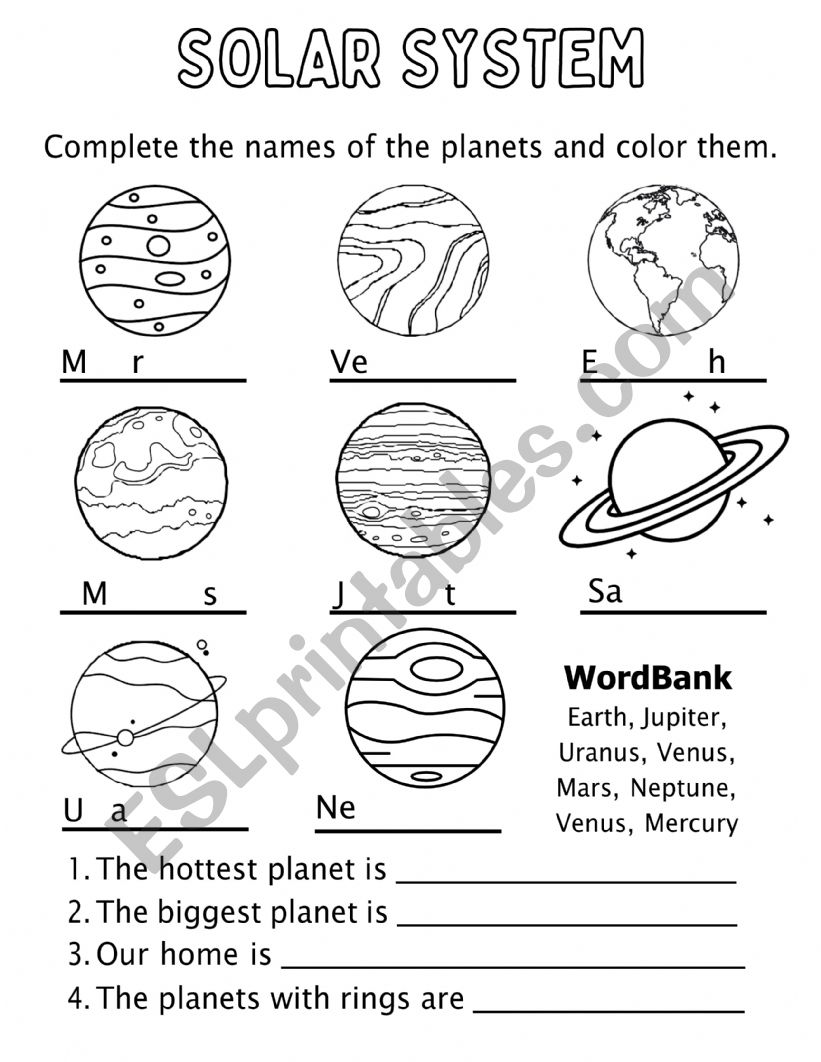 Our Solar System worksheet