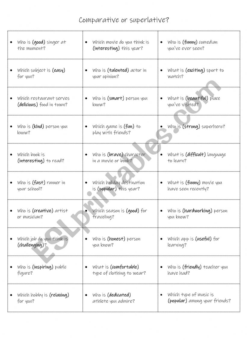B1 30 comparative or superlative questions