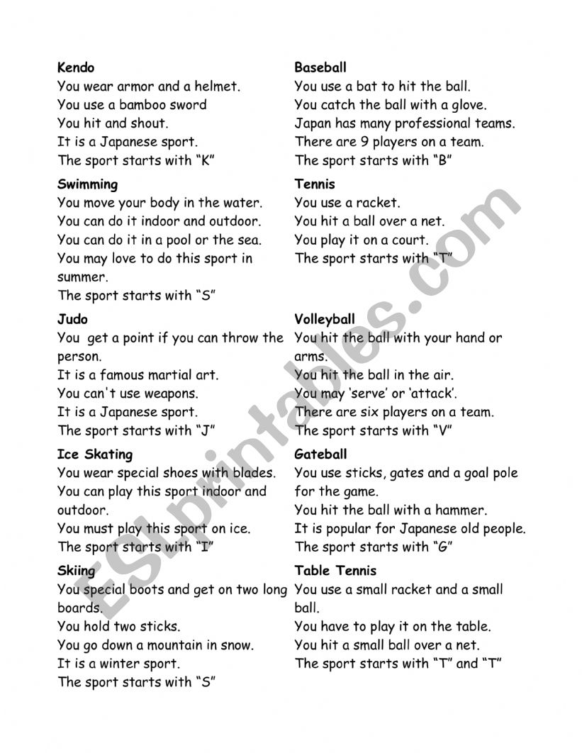 Sports Listening Game worksheet