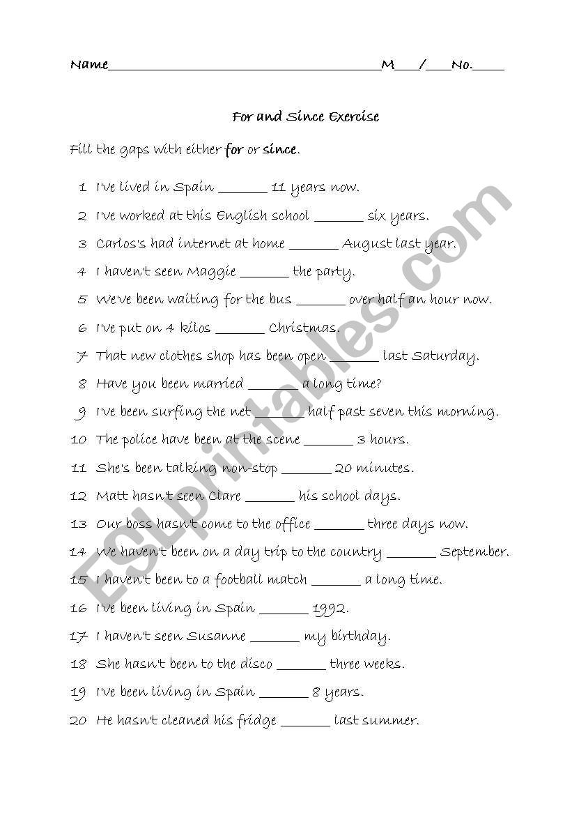 For - Since worksheet