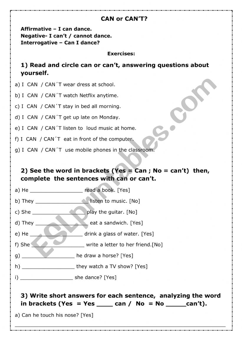 Can or Can�t? worksheet