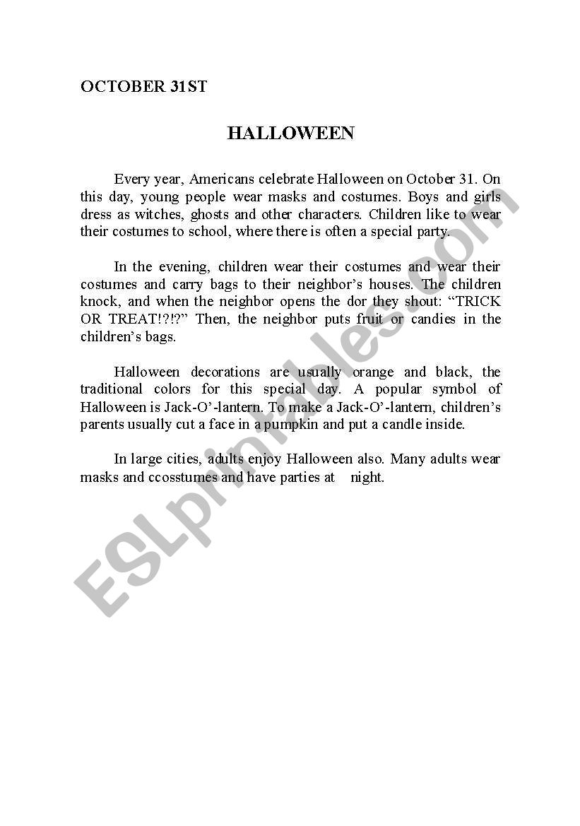 The history of Halloween worksheet