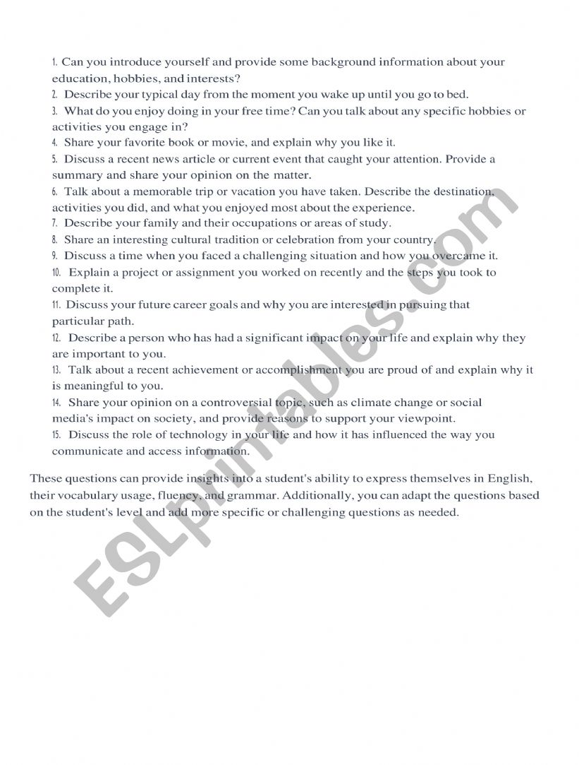 Questions about engligh level worksheet