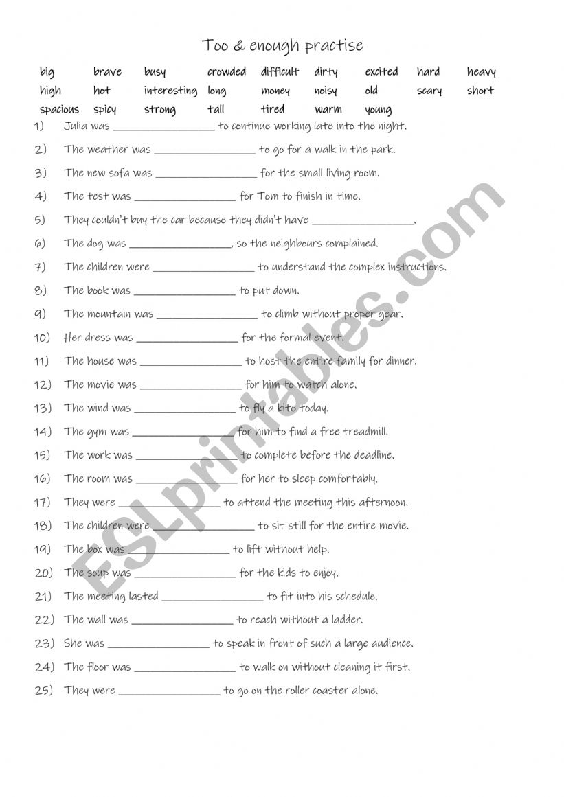 A2-B1 Too & enough practise worksheet