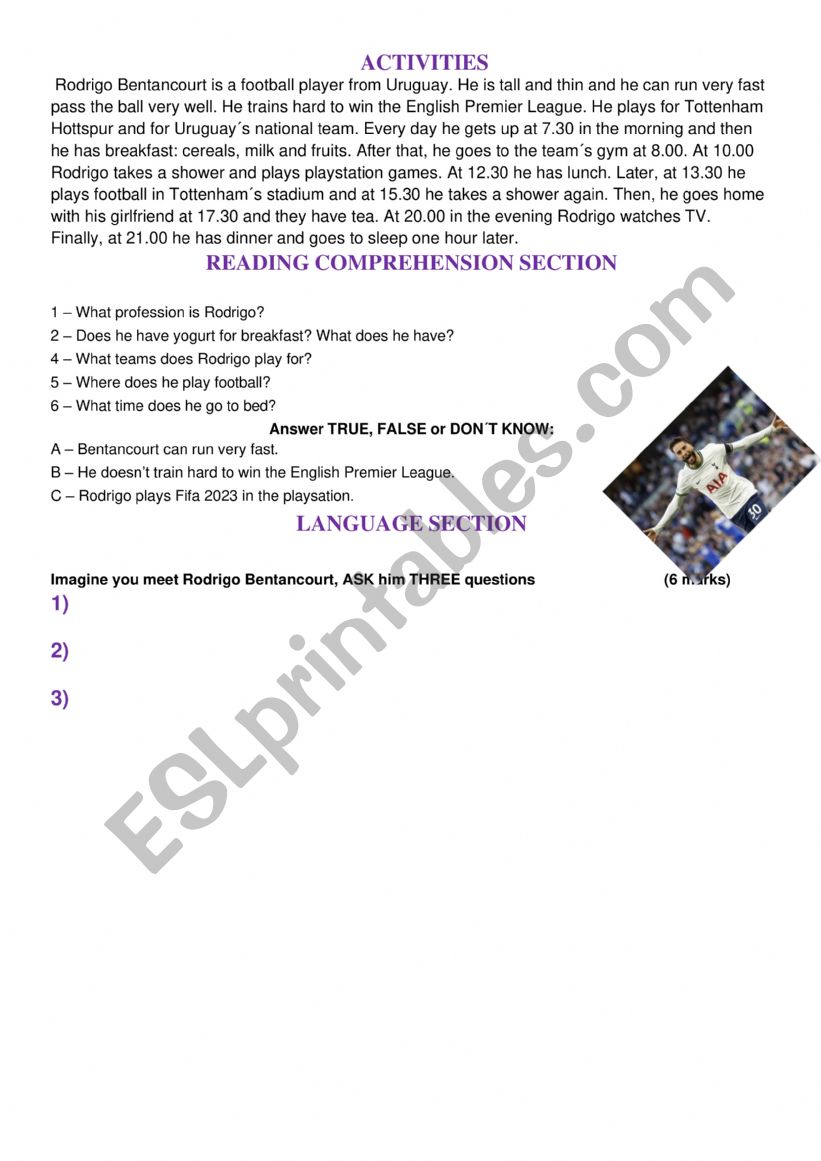 Footballer routine worksheet