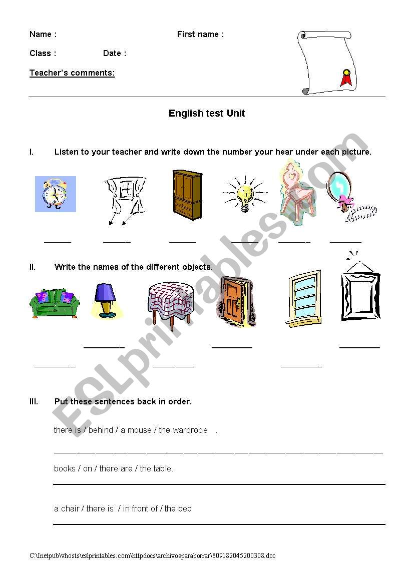 test on different objects in the house & prepositions