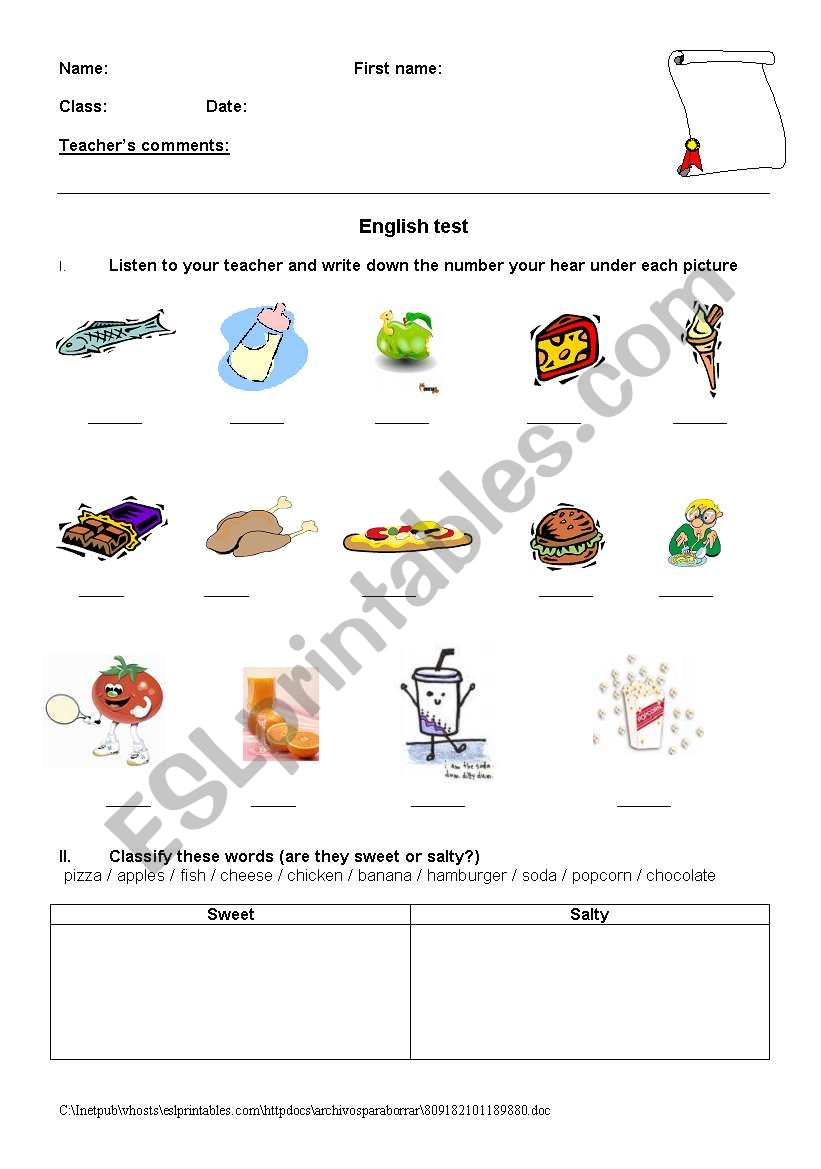 test on food worksheet