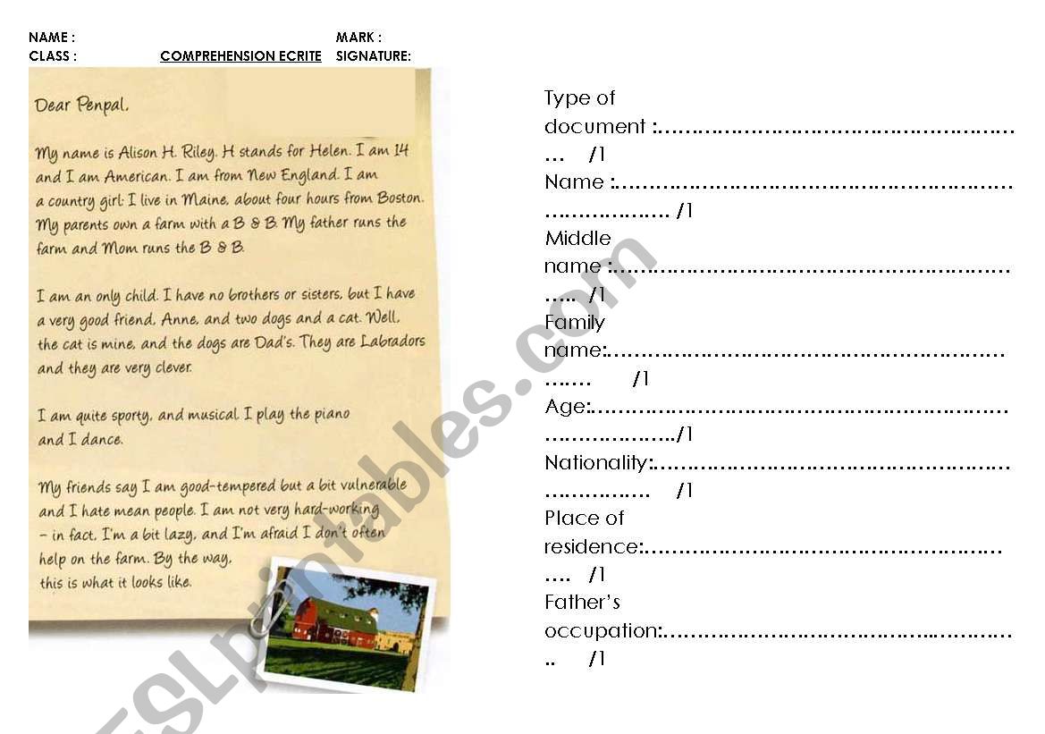 reading test : a letter worksheet