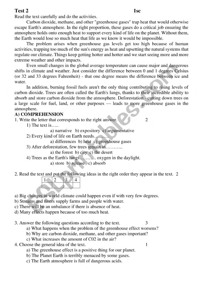 science test worksheet