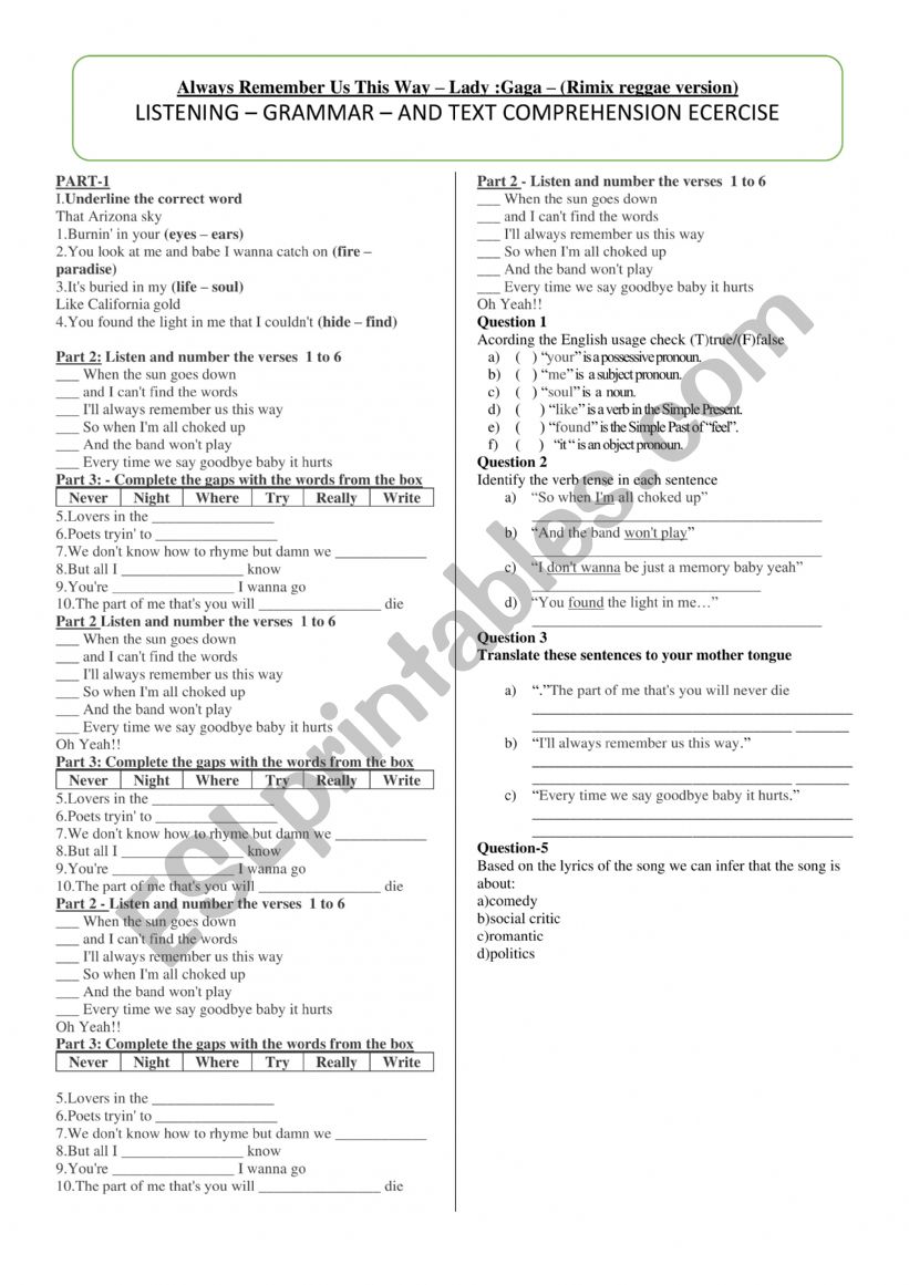 LISTENING  GRAMMAR  AND TEXT COMPREHENSION ECERCISE