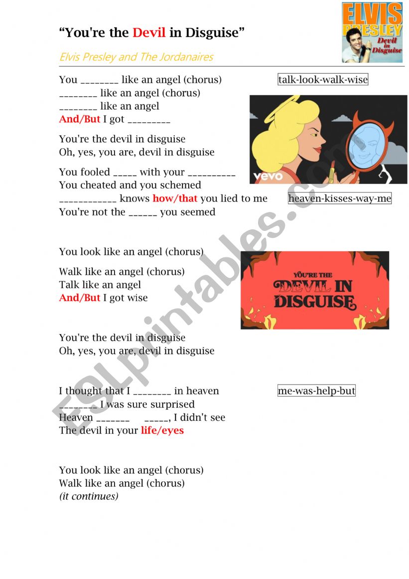 DEVIL IN DISGUISE - Song worksheet