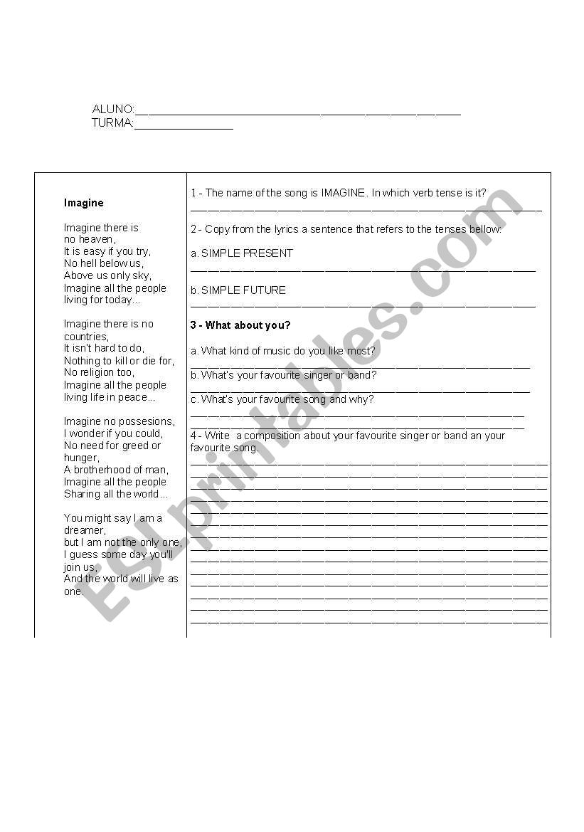 John Lennons Imagine worksheet