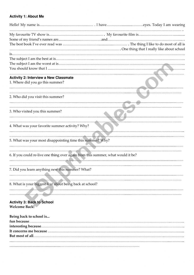 Back to school worksheet