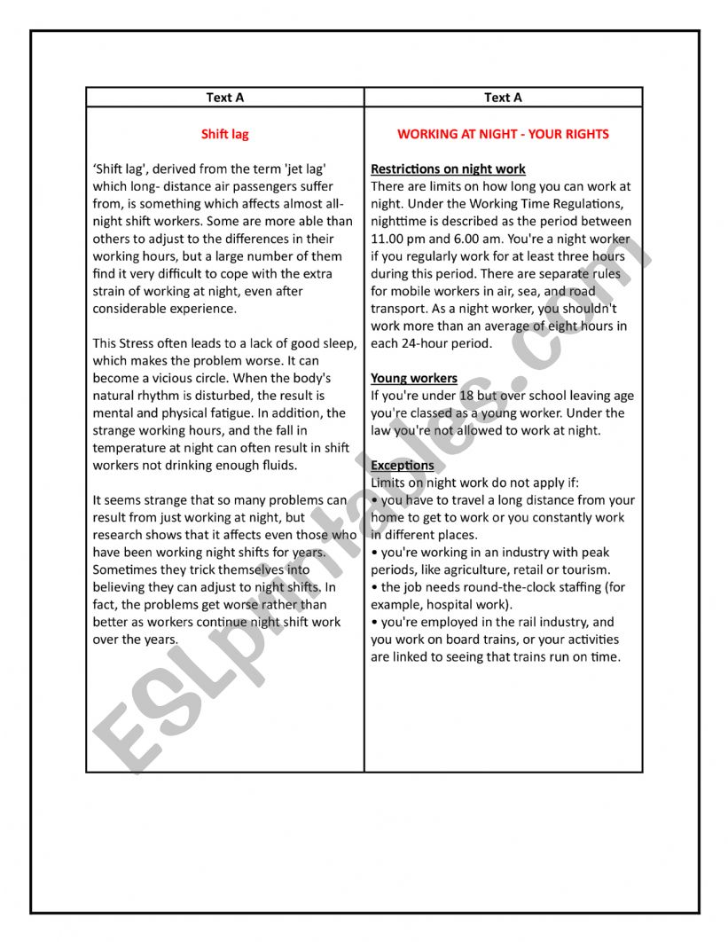 Working at night worksheet