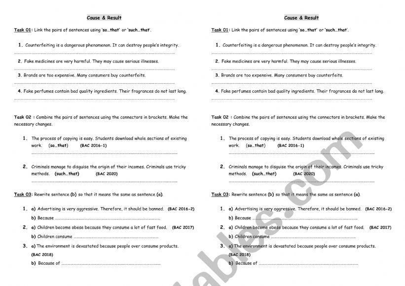 cause and result worksheet