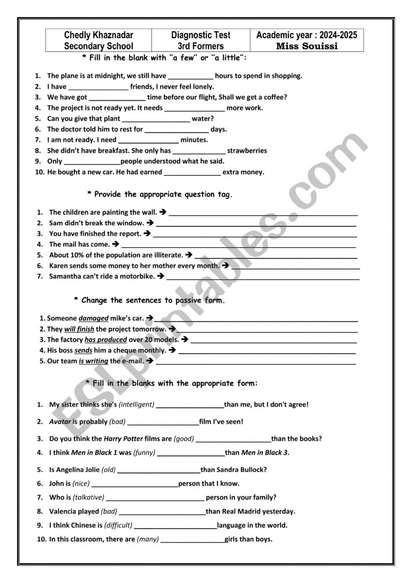 Diagnostic test 3rd form worksheet