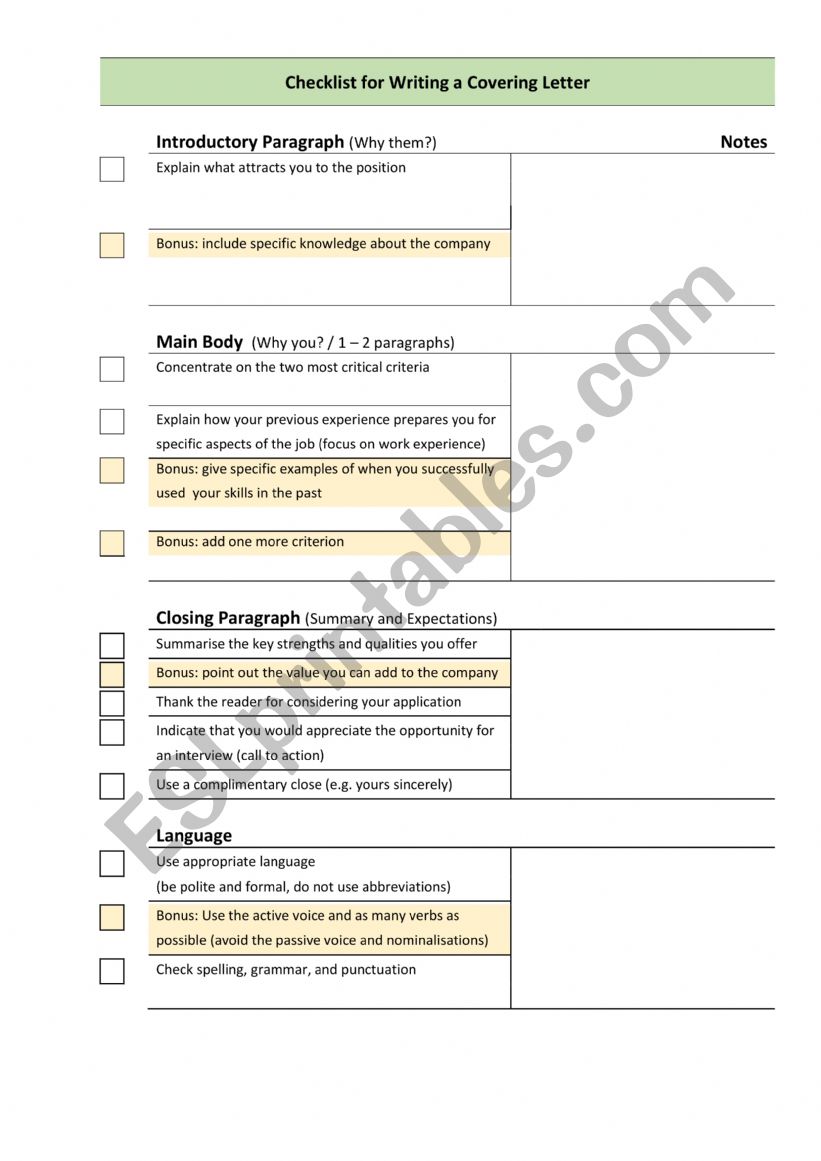 Checklist for writing a cover letter