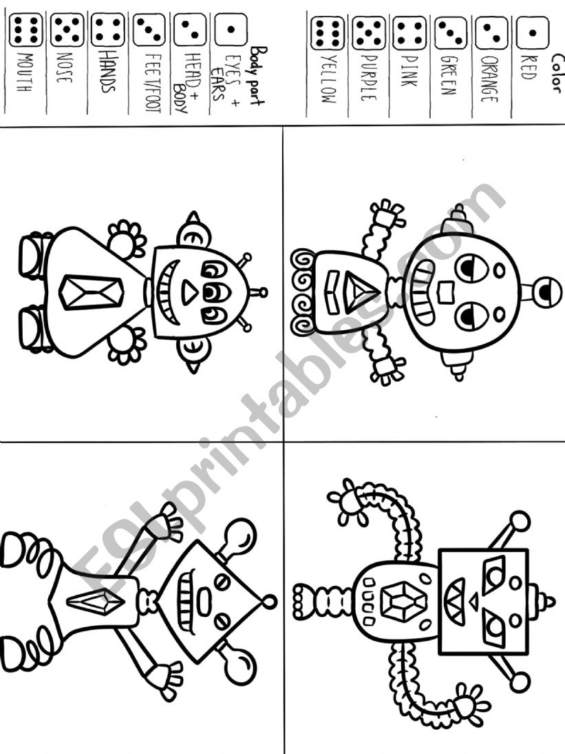 Body parts robots coloring game - ESL worksheet by Geeznoo