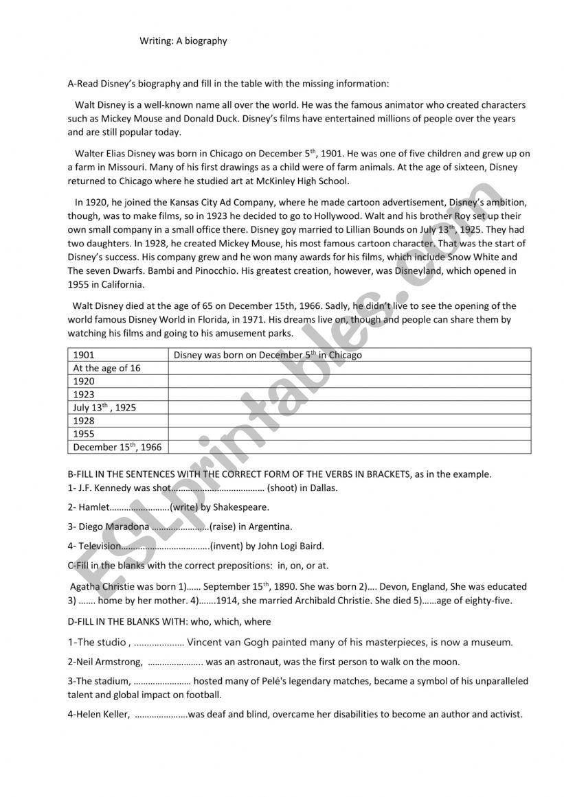 WRITING /  Biography worksheet