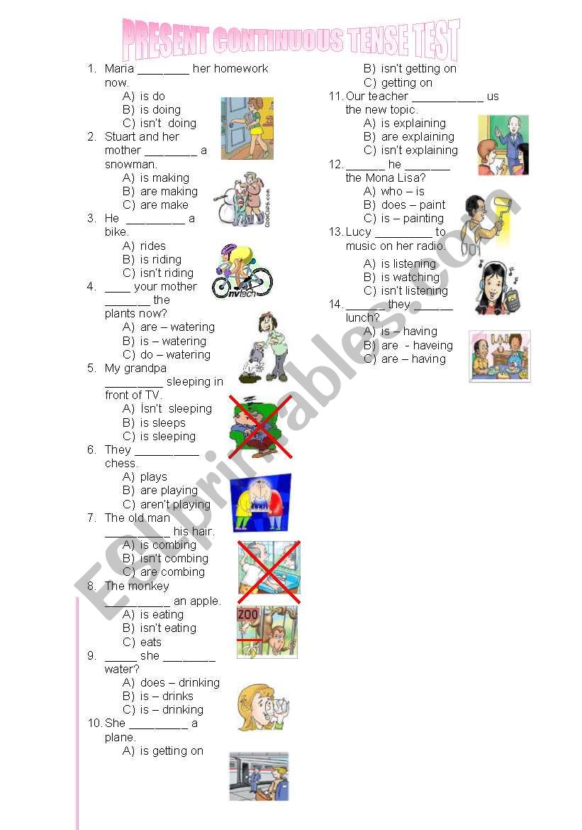 present continuous tense test worksheet