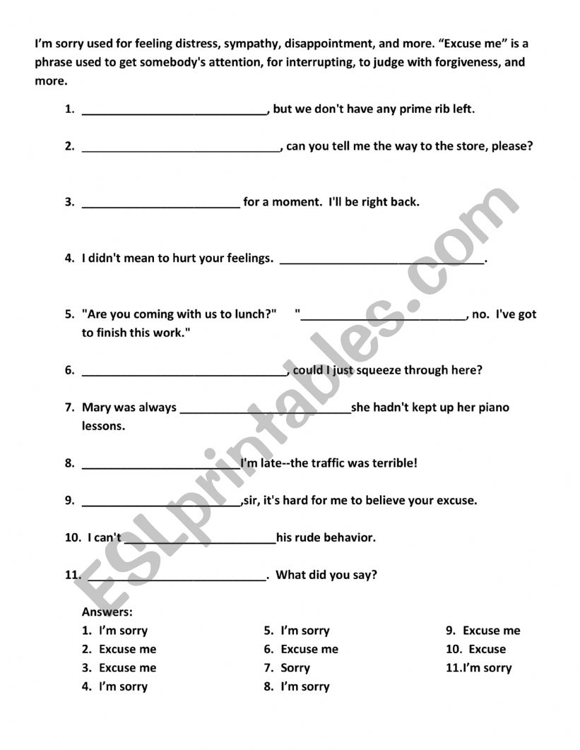 IÃ¯Â¿Â½m sorry or Excuse me worksheet