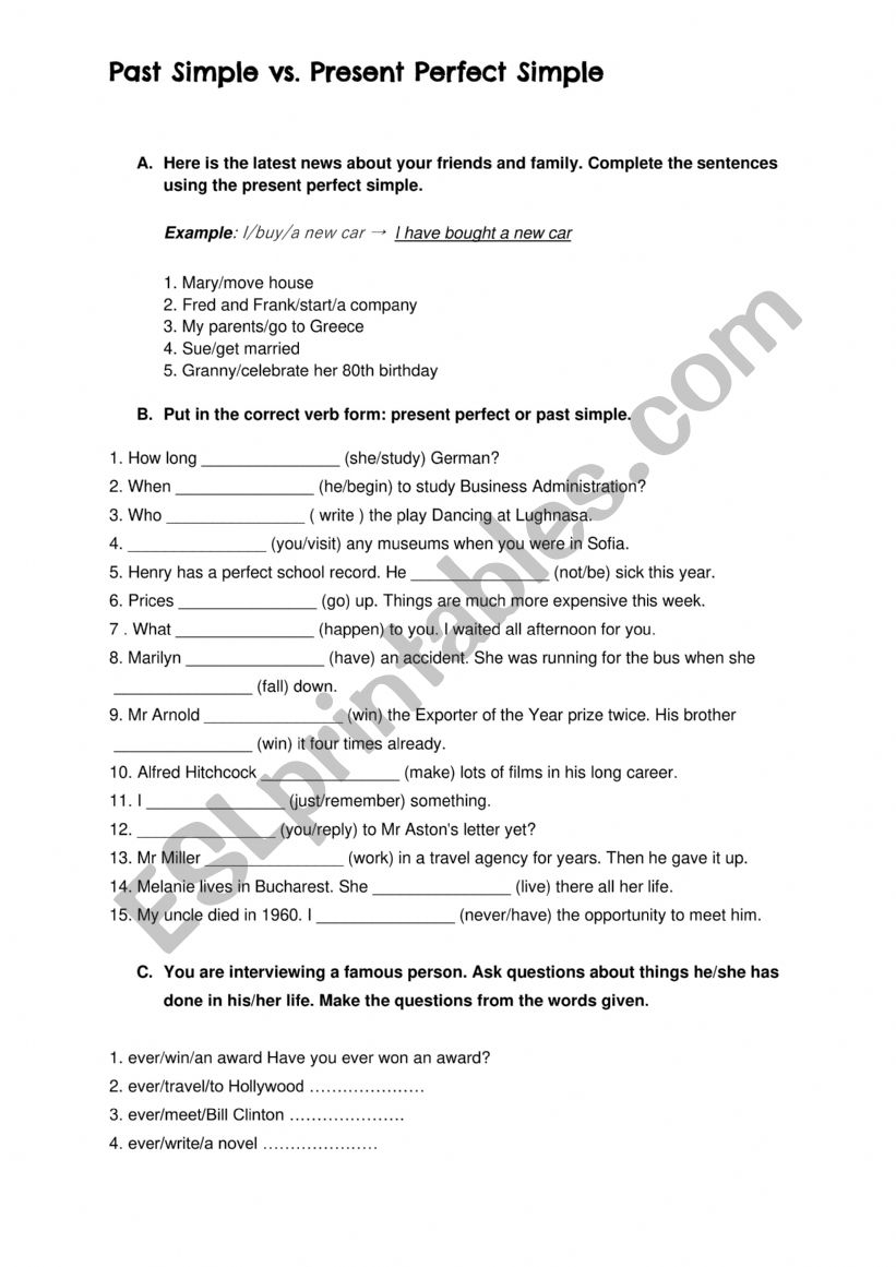 Present perfect vs past simple worksheets B1