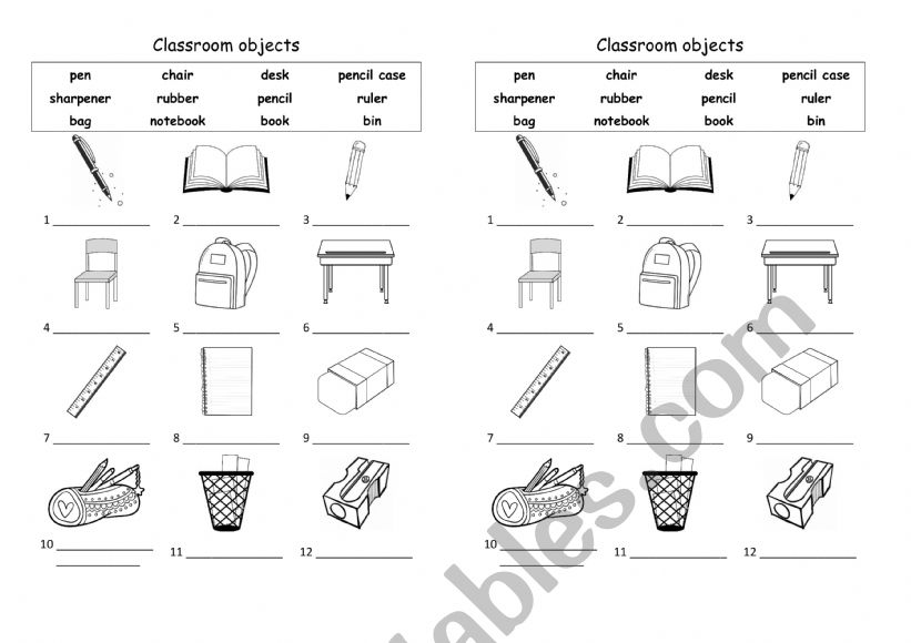 Classroom objects worksheet