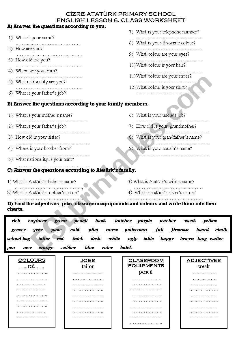 worksheet for 4. class worksheet