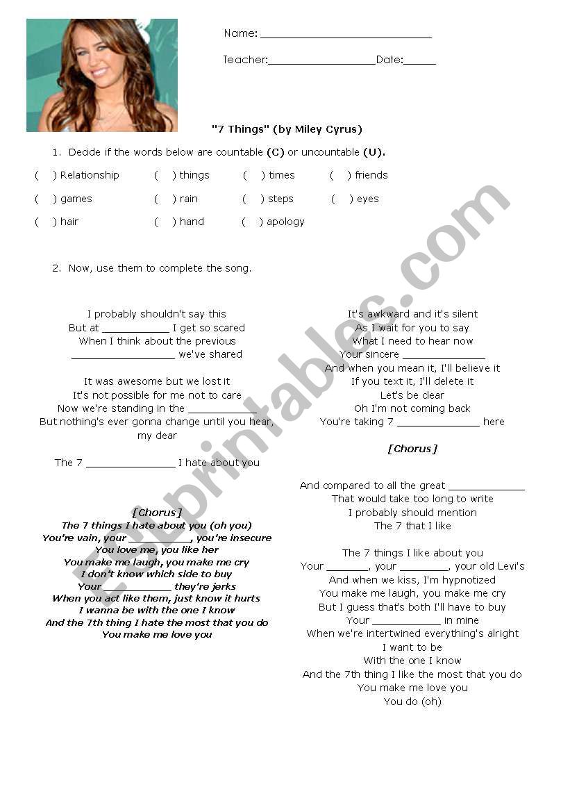 Song- 7 Things worksheet