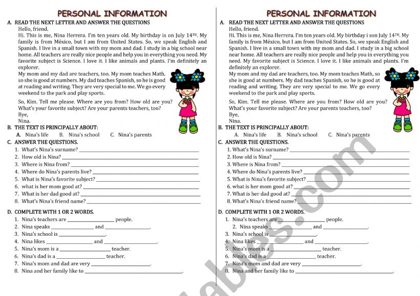 my personal information  worksheet