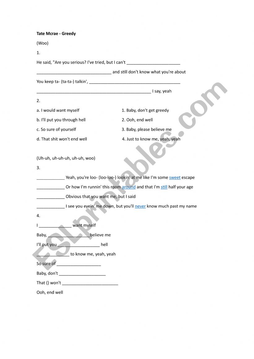 Tate Mcrae - Greedy worksheet