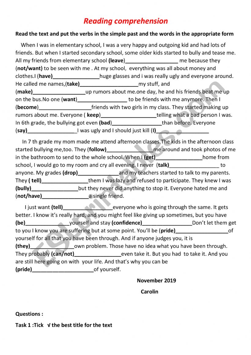 violence at school worksheet