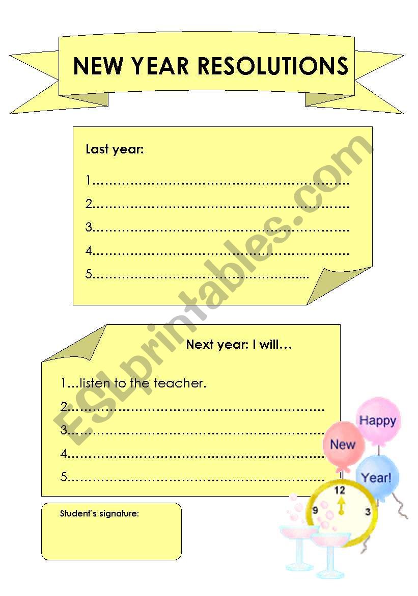 New Year Resolutions worksheet