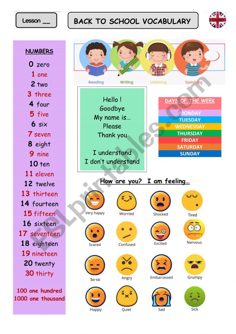Back to school vocabulary worksheet