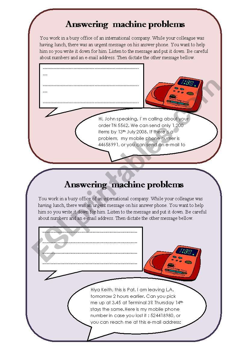 Answering machine problems worksheet
