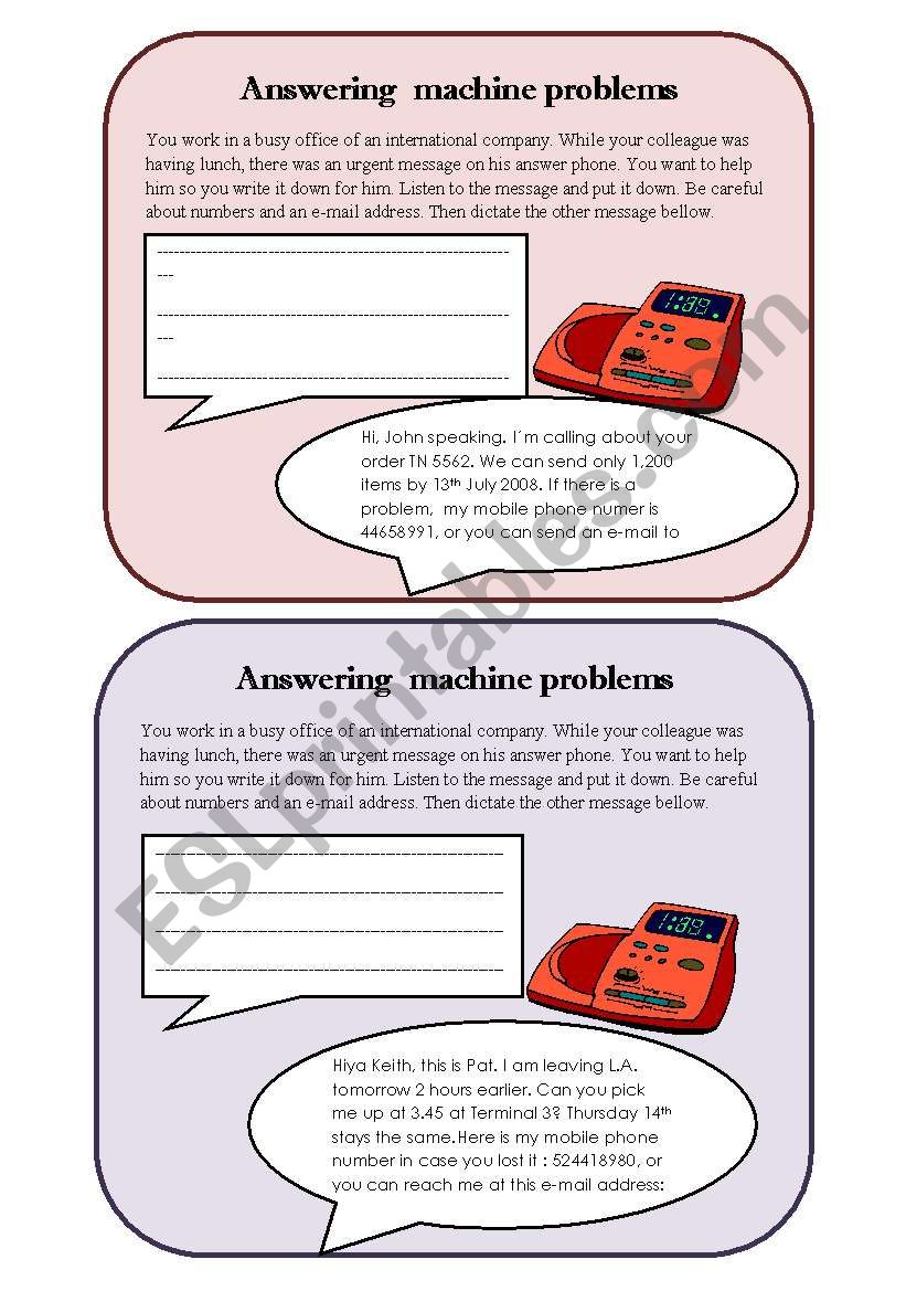 Answering machine problems worksheet