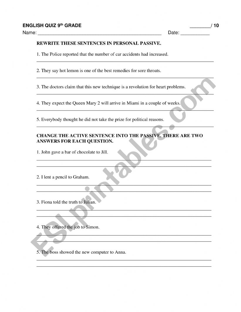 ENGLISH QUIZ 9TH GRADE worksheet