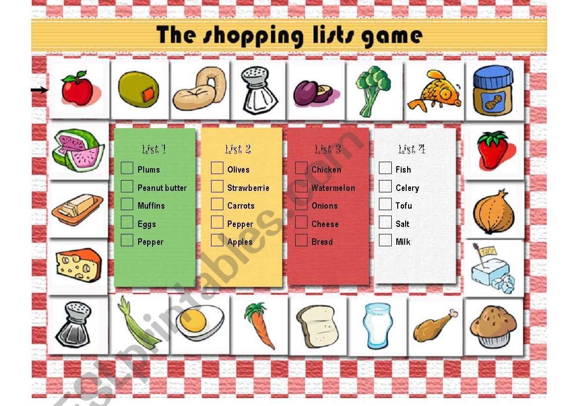 The shopping lists game worksheet