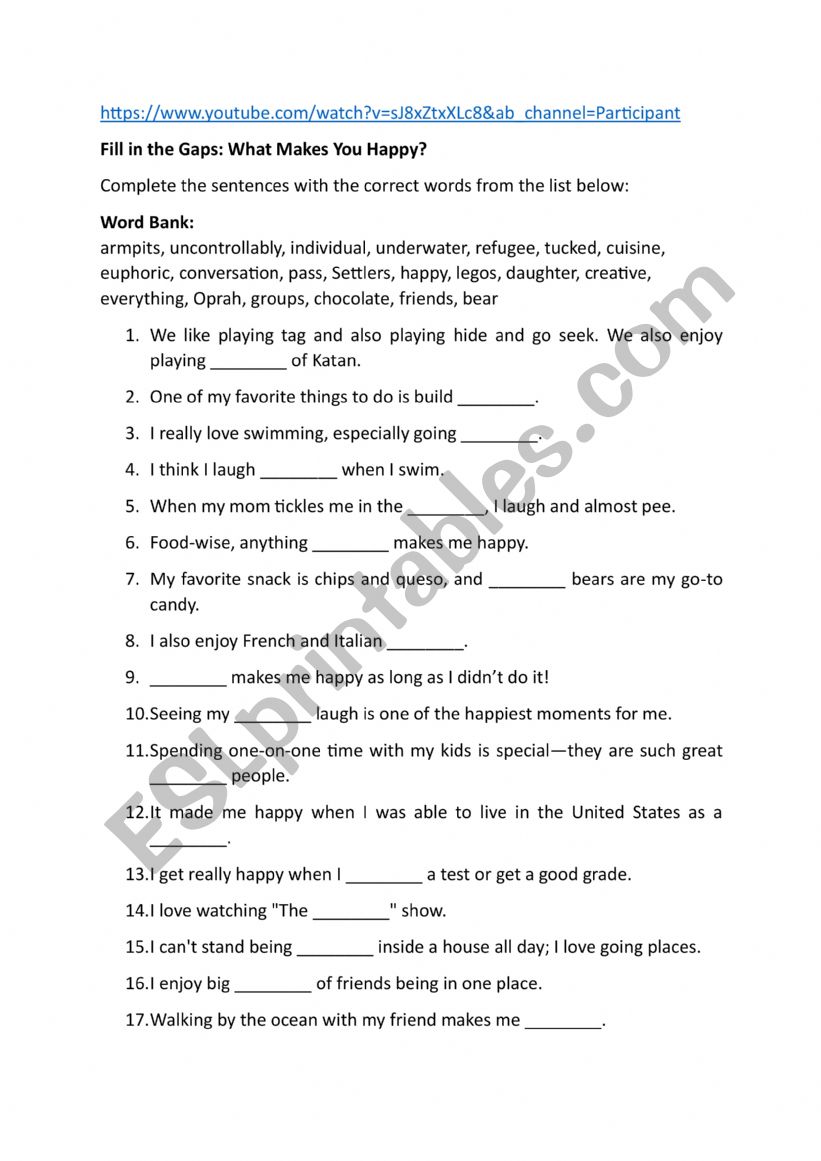What makes you happy worksheet
