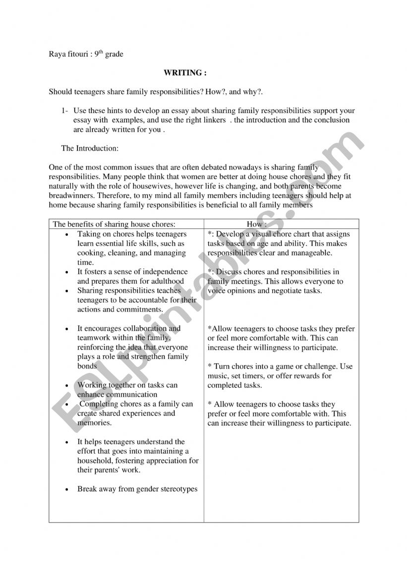 writing about sharing family responsibilities