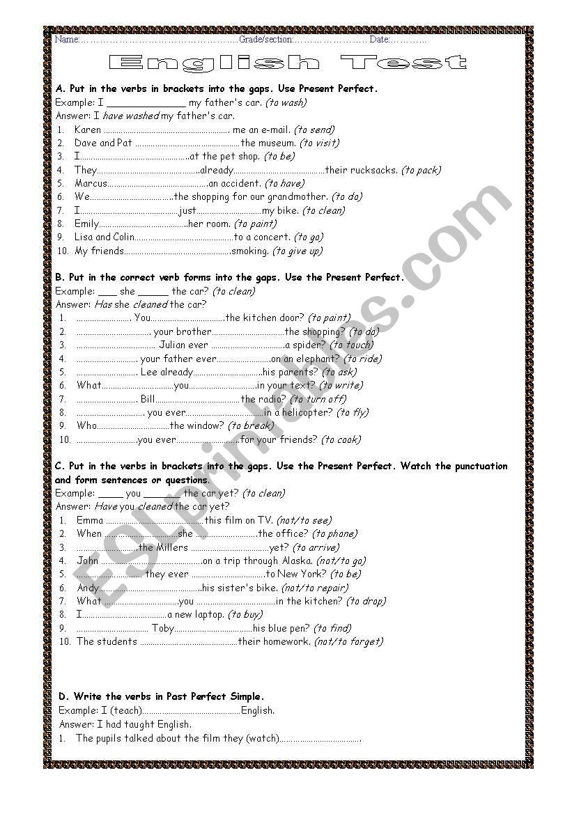 English Test worksheet