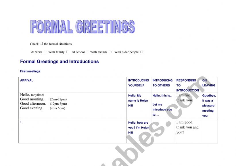 Greetings worksheet