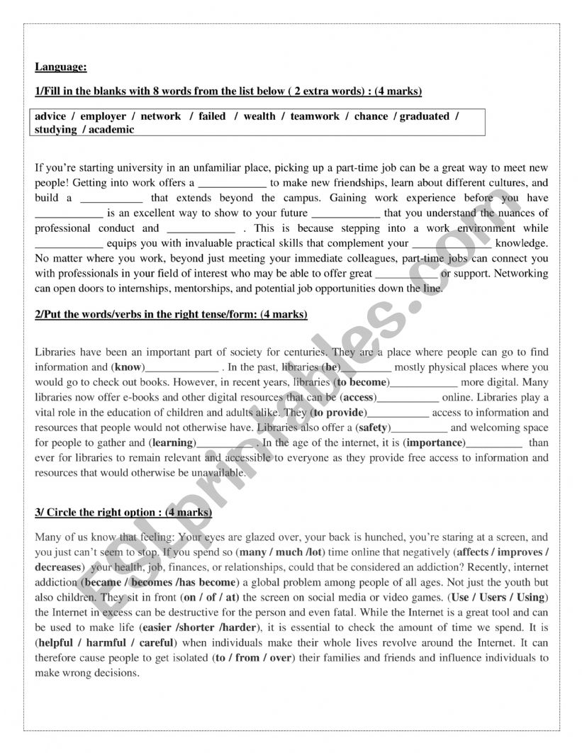 second year exam worksheet
