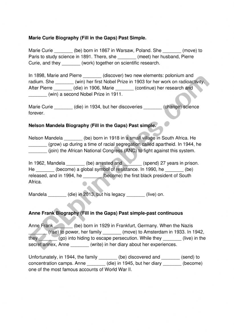 Biographies-fill in the gaps with past simple or past continuous 
