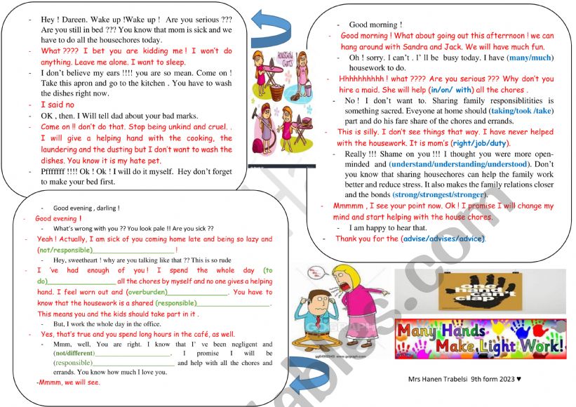 SHARING FAMILY RESPONSIBILITIES (ROLE PLAYS) ESL worksheet by Hanen