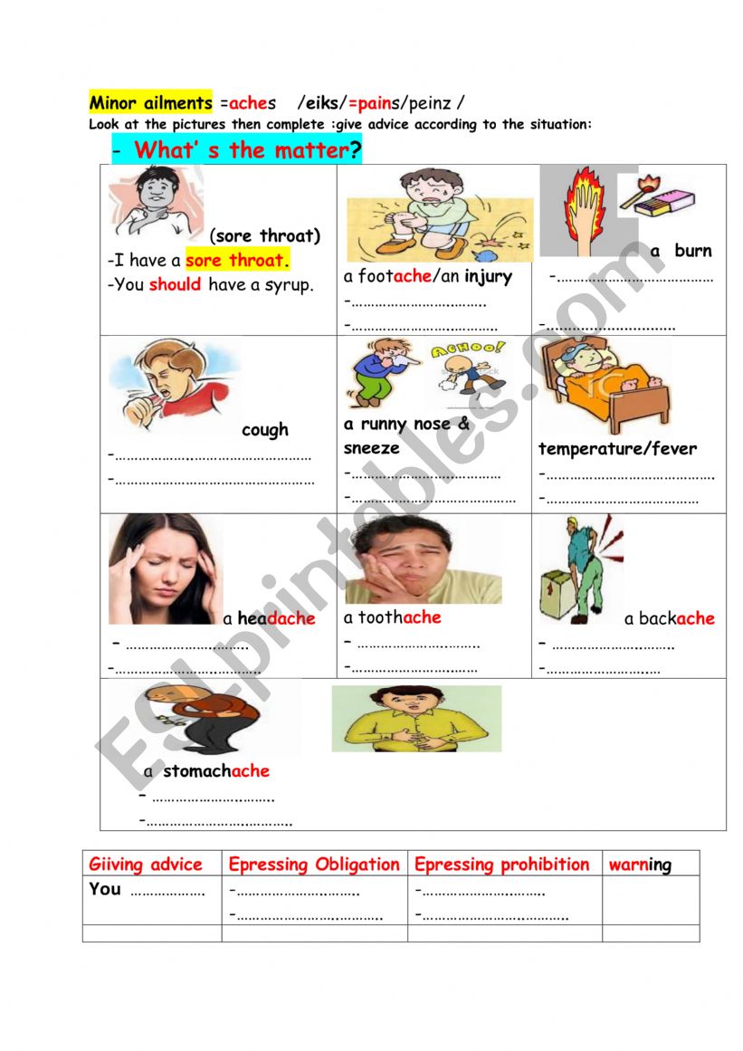 Talking about aches worksheet