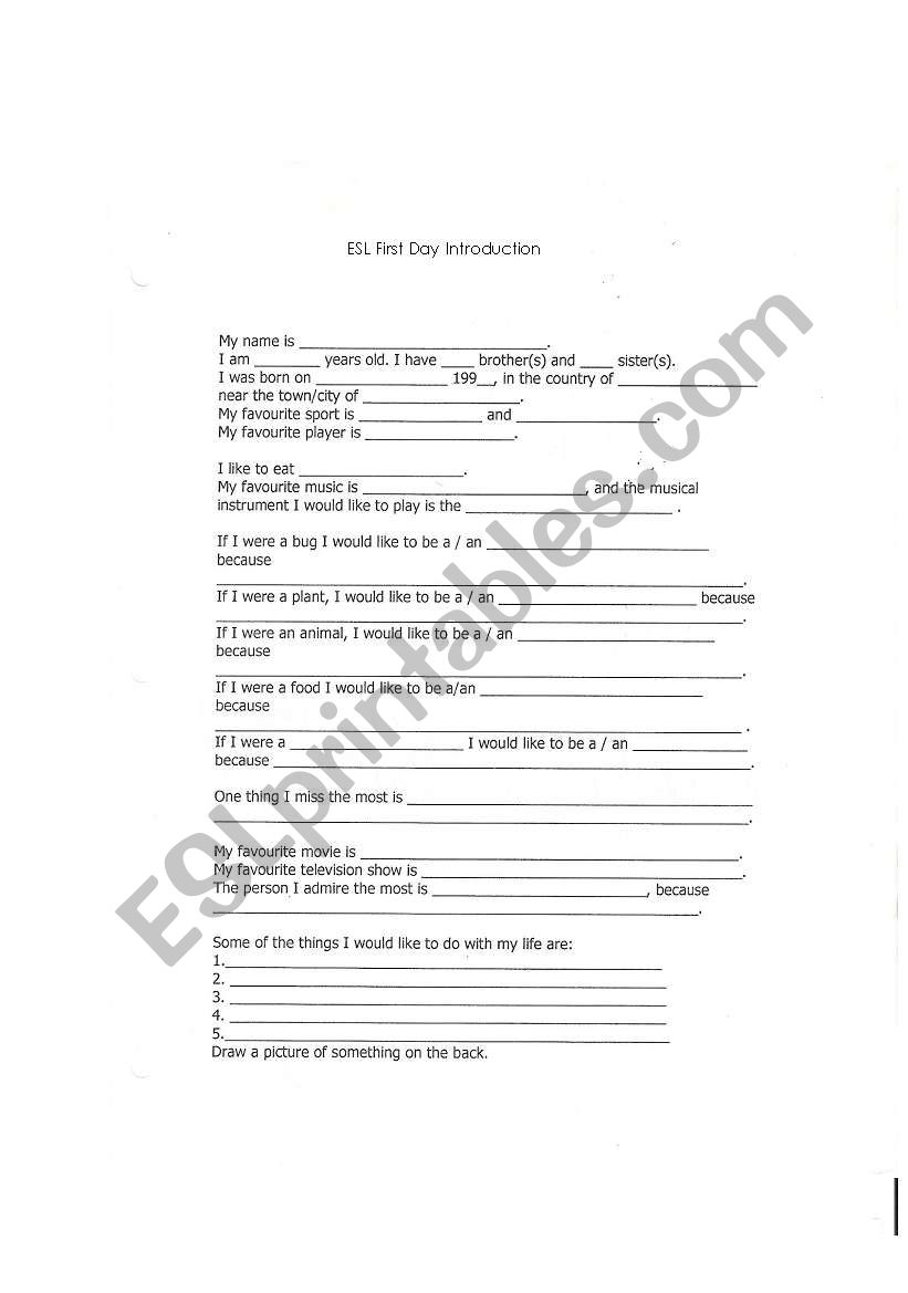 First Day Introduction worksheet