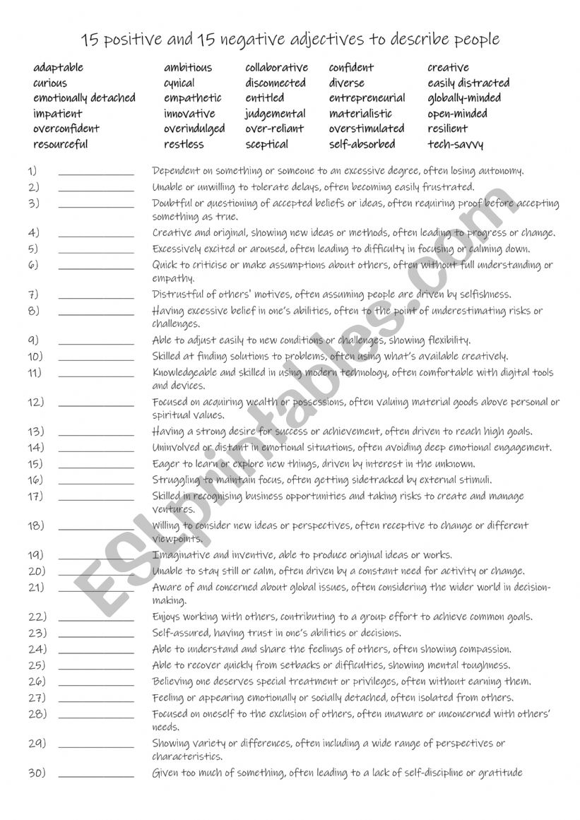B1+-B2 15 positive and 15 negative adjectives to describe character & personality of  people                        people 1