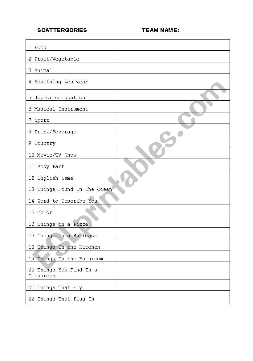 Scattergories Table worksheet