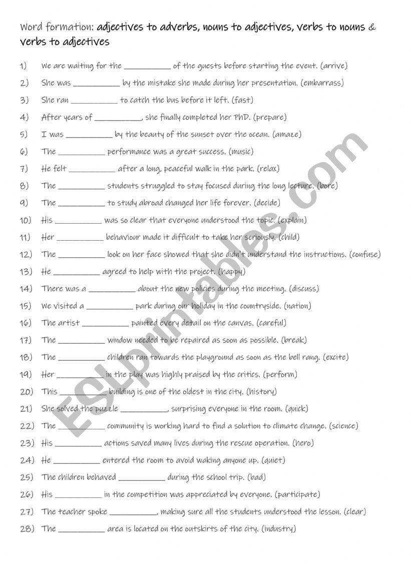 B1-B2 Word formation  -adjectives to adverbs, nouns to adjectives, verbs to nouns & verbs to adjectives